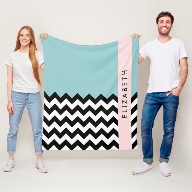 Black and White Zigzag, Chevron, Blue, Your Name Fleece Blanket (In Situ)