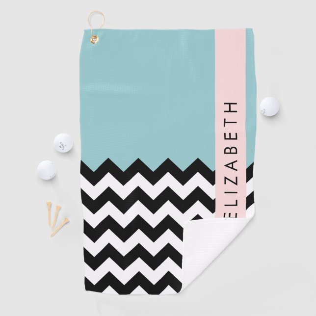 Black and White Zigzag, Chevron, Blue, Your Name Golf Towel (InSitu)