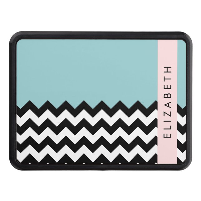 Black and White Zigzag, Chevron, Blue, Your Name Hitch Cover (Front)