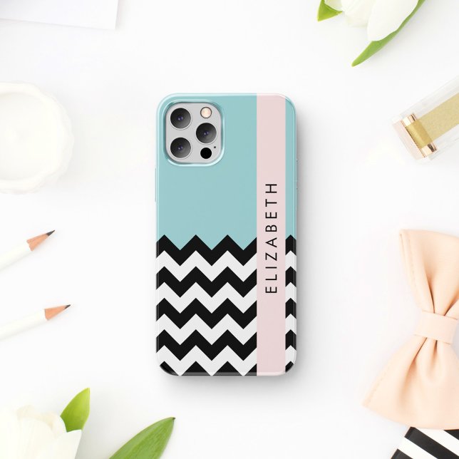 Black and White Zigzag, Chevron, Blue, Your Name iPhone Case (Creator Uploaded)