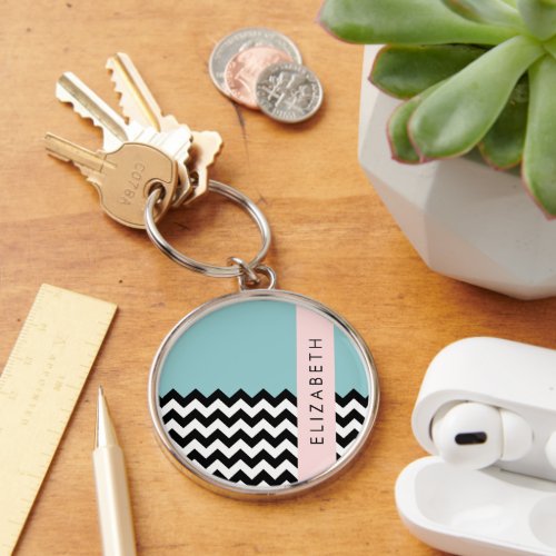 Black and White Zigzag Chevron Blue Your Name Keychain