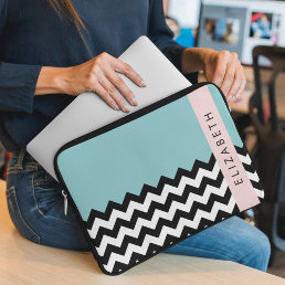 Black and White Zigzag, Chevron, Blue, Your Name Laptop Sleeve