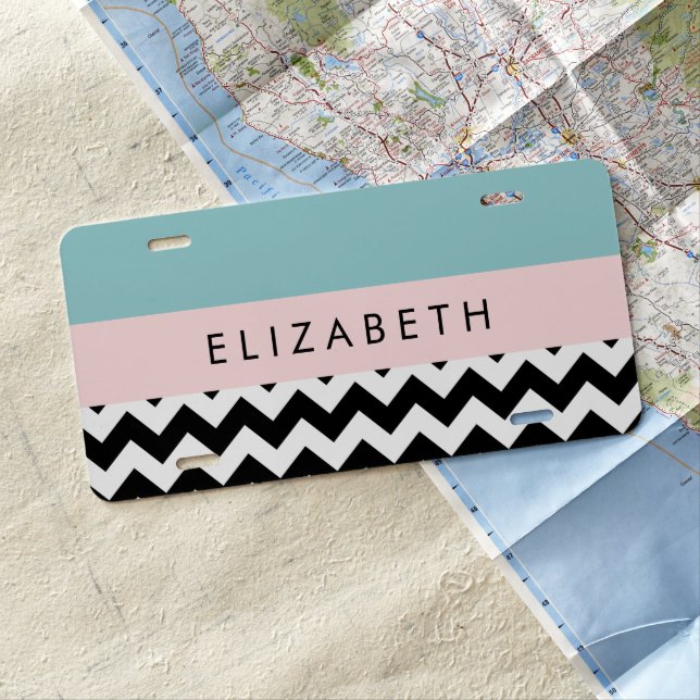 Black and White Zigzag, Chevron, Blue, Your Name License Plate (In Situ)