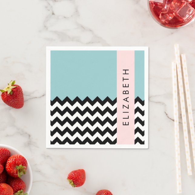 Black and White Zigzag, Chevron, Blue, Your Name Napkins (Insitu)