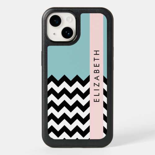 Black and White Zigzag Chevron Blue Your Name OtterBox iPhone 14 Case