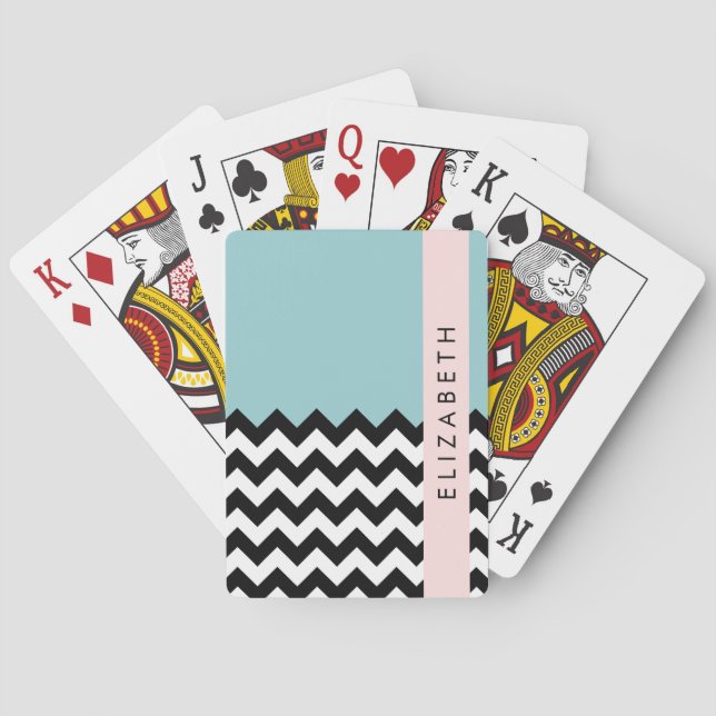 Black and White Zigzag, Chevron, Blue, Your Name Poker Cards (Back)
