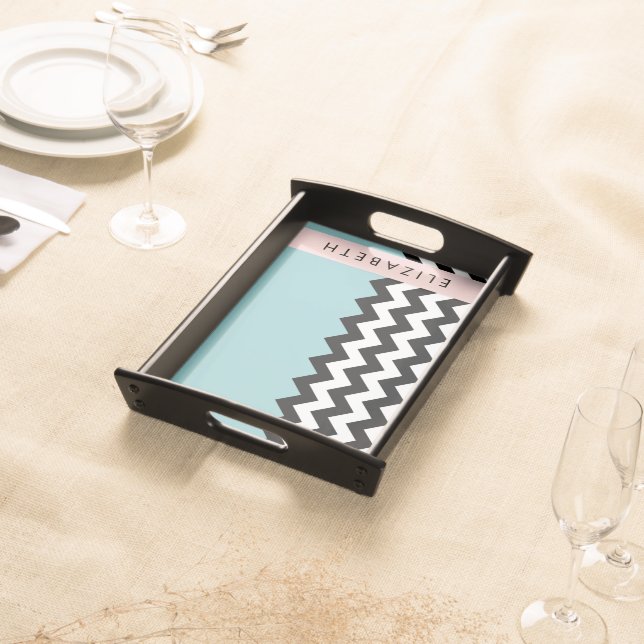 Black and White Zigzag, Chevron, Blue, Your Name Serving Tray (Front)