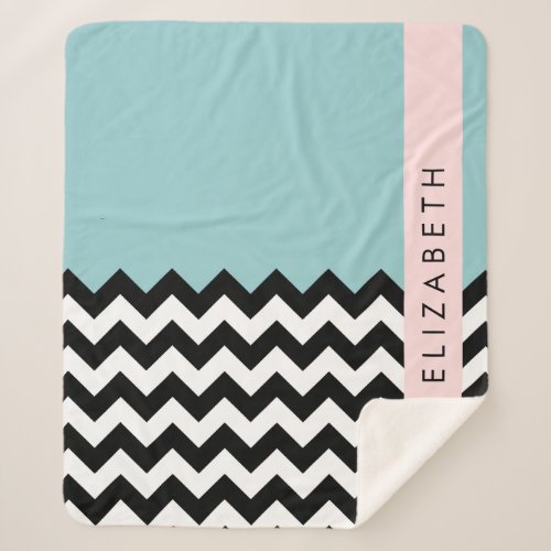 Black and White Zigzag Chevron Blue Your Name Sherpa Blanket