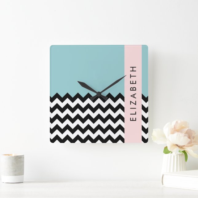 Black and White Zigzag, Chevron, Blue, Your Name Square Wall Clock (Home)