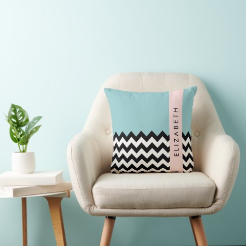 Black and White Zigzag Chevron Blue Your Name Throw Pillow