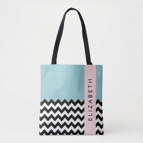 Black and White Zigzag Chevron Blue Your Name Tote Bag