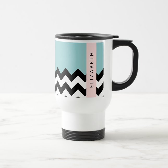 Black and White Zigzag, Chevron, Blue, Your Name Travel Mug (Right)
