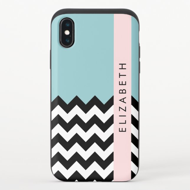Black and White Zigzag, Chevron, Blue, Your Name Uncommon iPhone Case (Back)