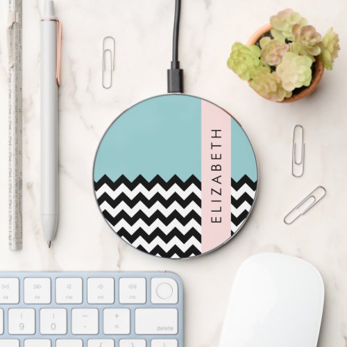 Black and White Zigzag Chevron Blue Your Name Wireless Charger