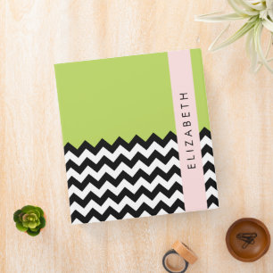 Black and White Zigzag, Chevron, Green, Your Name 3 Ring Binder