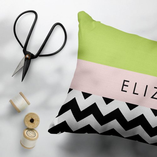 Black and White Zigzag Chevron Green Your Name Accent Pillow