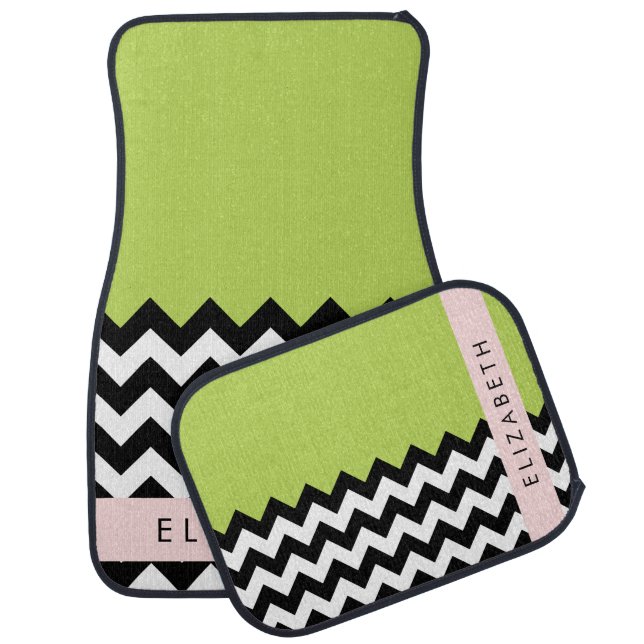 Black and White Zigzag, Chevron, Green, Your Name Car Floor Mat (Set)