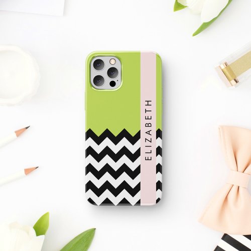 Black and White Zigzag Chevron Green Your Name iPhone 12 Pro Case