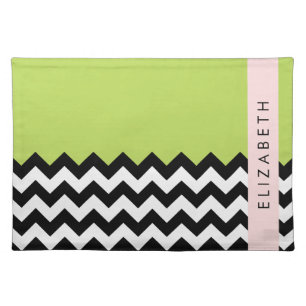 Black and White Zigzag, Chevron, Green, Your Name Cloth Placemat