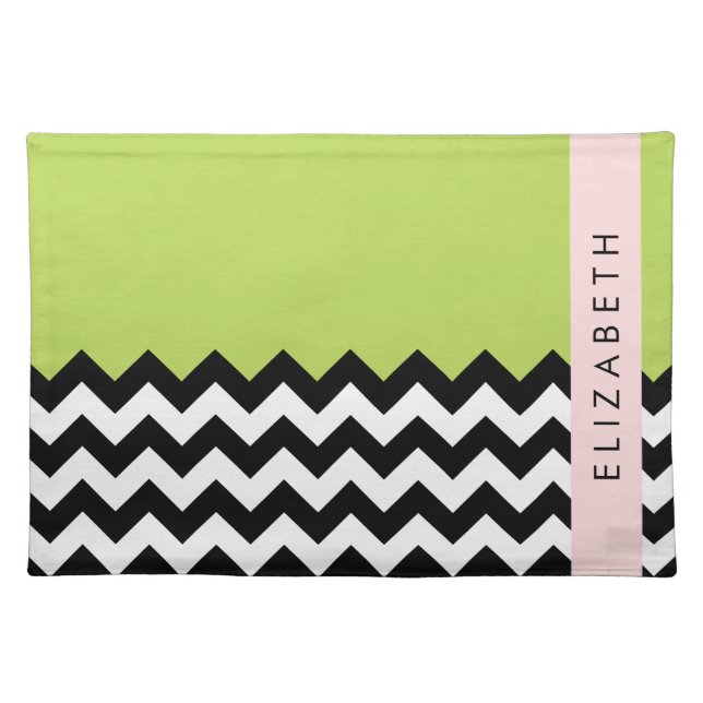 Black and White Zigzag, Chevron, Green, Your Name Cloth Placemat (Front)