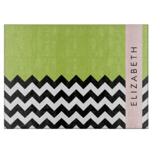 Black and White Zigzag, Chevron, Green, Your Name Cutting Board