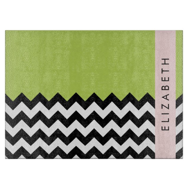 Black and White Zigzag, Chevron, Green, Your Name Cutting Board (Front)