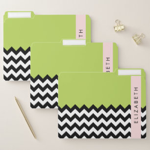 Black and White Zigzag, Chevron, Green, Your Name File Folder