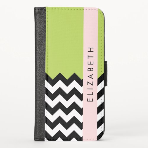 Black and White Zigzag Chevron Green Your Name iPhone X Wallet Case