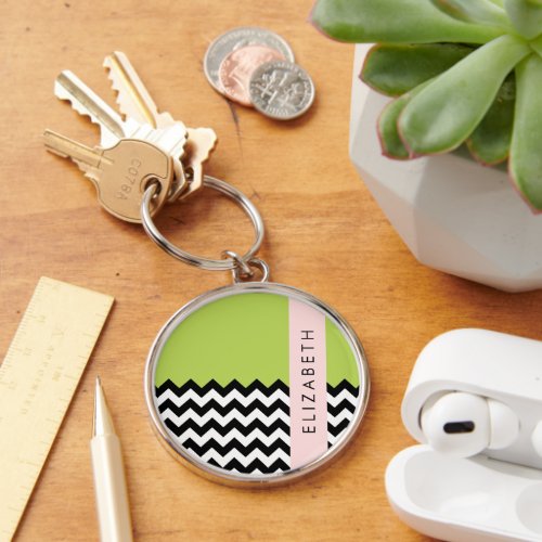 Black and White Zigzag Chevron Green Your Name Keychain