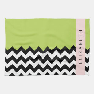 Black and White Zigzag, Chevron, Green, Your Name Kitchen Towel