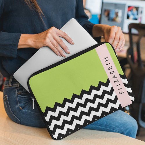 Black and White Zigzag Chevron Green Your Name Laptop Sleeve