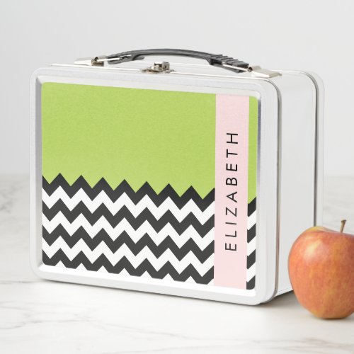 Black and White Zigzag Chevron Green Your Name Metal Lunch Box