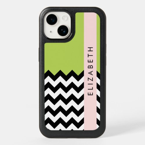 Black and White Zigzag Chevron Green Your Name OtterBox iPhone 14 Case