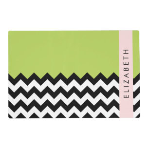 Black and White Zigzag, Chevron, Green, Your Name Placemat