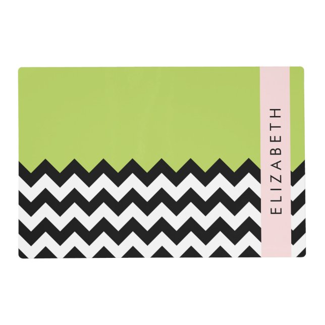 Black and White Zigzag, Chevron, Green, Your Name Placemat (Front)