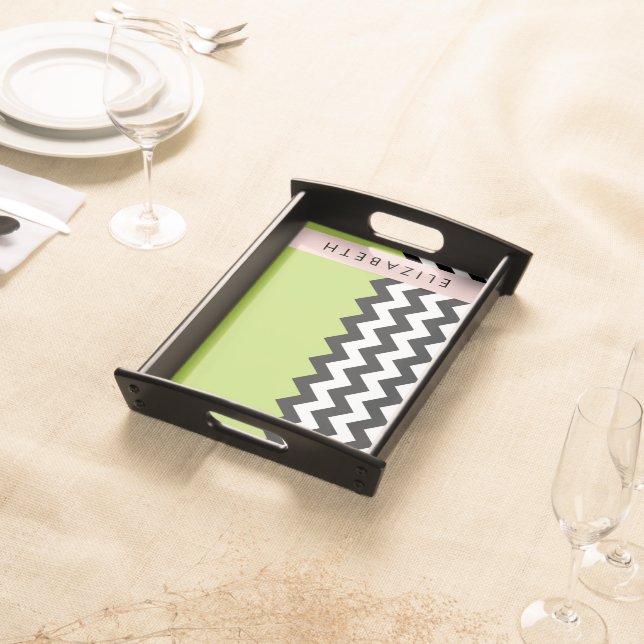 Black and White Zigzag, Chevron, Green, Your Name Serving Tray (Front)
