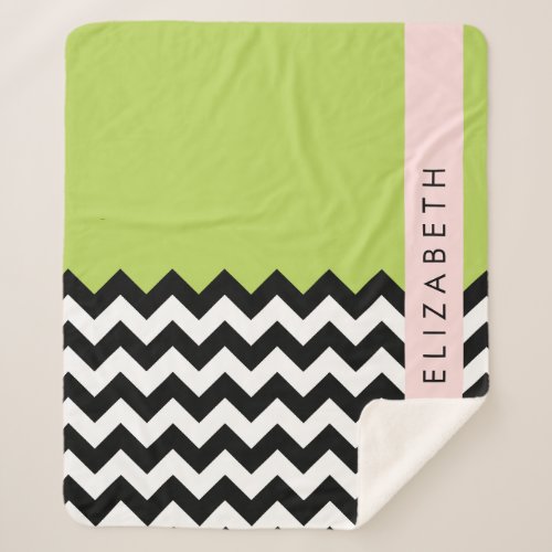 Black and White Zigzag Chevron Green Your Name Sherpa Blanket