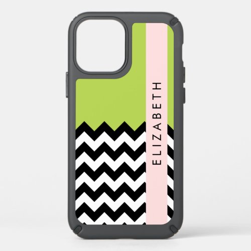 Black and White Zigzag Chevron Green Your Name Speck iPhone 12 Case