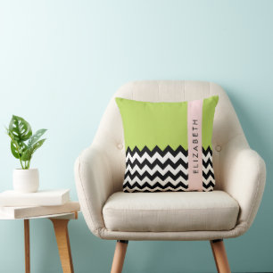 Black and White Zigzag, Chevron, Green, Your Name Throw Pillow