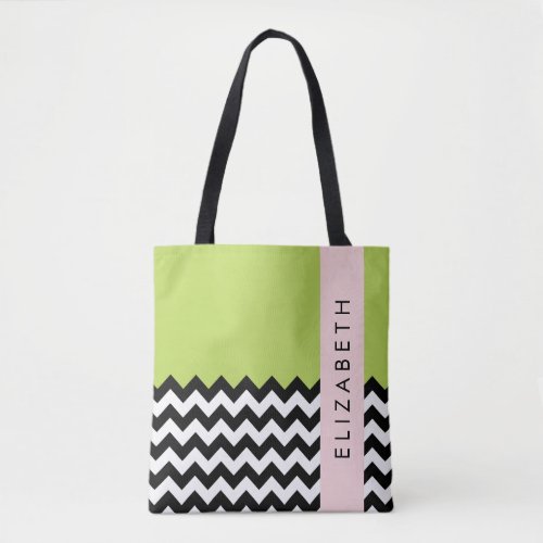 Black and White Zigzag Chevron Green Your Name Tote Bag