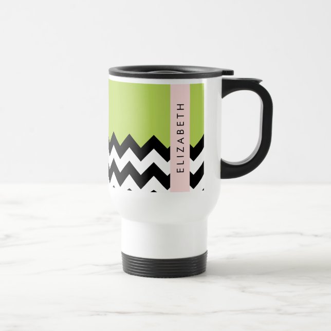 Black and White Zigzag, Chevron, Green, Your Name Travel Mug (Right)
