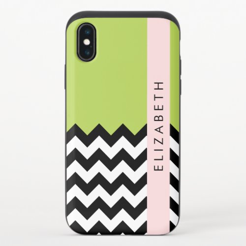 Black and White Zigzag Chevron Green Your Name iPhone X Slider Case