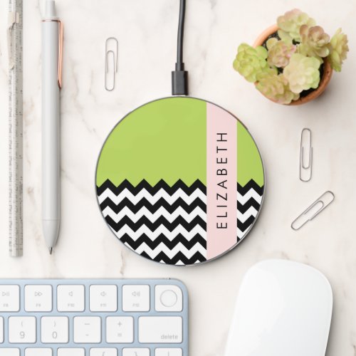 Black and White Zigzag Chevron Green Your Name Wireless Charger