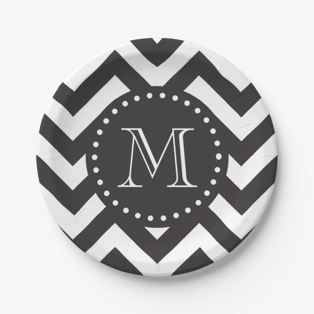 Black and White Zigzag Chevron Monogram Paper Plates (Front)