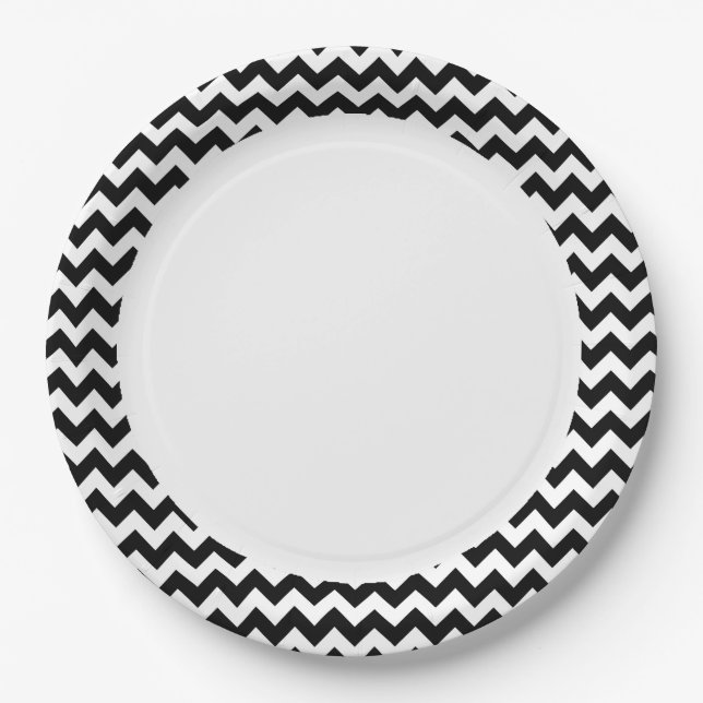 Black and White Zigzag Chevron Pattern Paper Plates (Front)