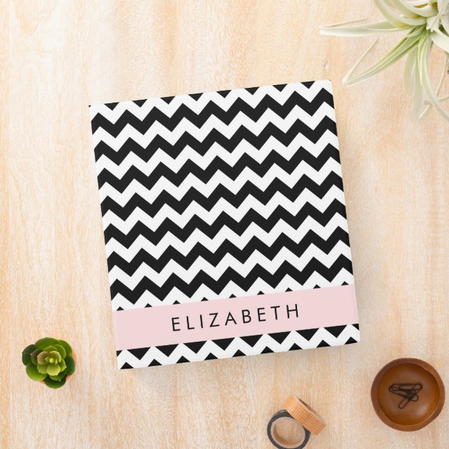 Black and White Zigzag, Chevron Pattern, Your Name 3 Ring Binder (In Situ)