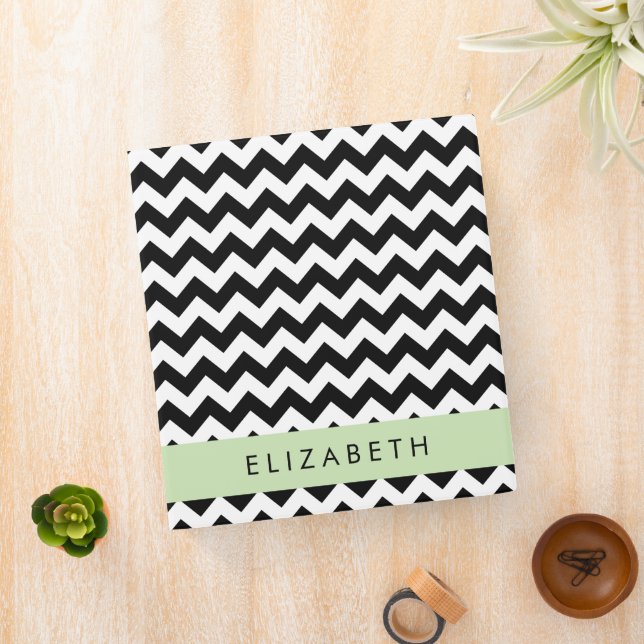 Black and White Zigzag, Chevron Pattern, Your Name 3 Ring Binder (In Situ)