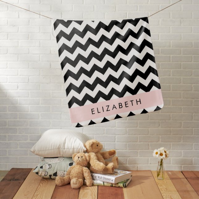 Black and White Zigzag, Chevron Pattern, Your Name Baby Blanket (In Situ)