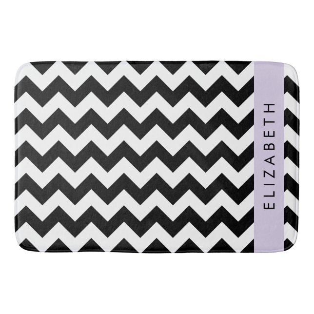 Black and White Zigzag, Chevron Pattern, Your Name Bath Mat (Front)
