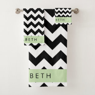 Black and White Zigzag, Chevron Pattern, Your Name Bath Towel Set